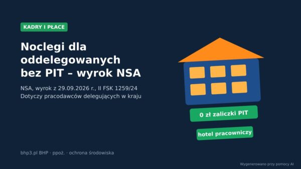 Grafika: budynek hotelu pracowniczego z tabliczką 0 zł zaliczki PIT, napis Noclegi dla oddelegowanych bez PIT – wyrok NSA, II FSK 1259/24, bhp3.pl