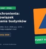 Grafika: punkt schronienia – niebieski trójkąt na pomarańczowym tle i tabliczka PUNKT SCHRONIENIA; nowy obowiązek oznakowania budynków, Dz.U. 2026 poz. 1276