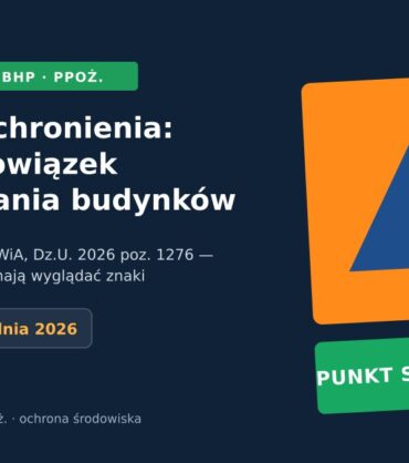 Grafika: punkt schronienia – niebieski trójkąt na pomarańczowym tle i tabliczka PUNKT SCHRONIENIA; nowy obowiązek oznakowania budynków, Dz.U. 2026 poz. 1276
