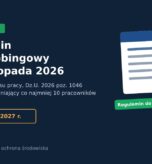 Grafika: Regulamin antymobbingowy od 5 listopada 2026, nowelizacja Kodeksu pracy Dz.U. 2026 poz. 1046, termin 5 maja 2027 r., ikona dokumentu z zielonym znacznikiem