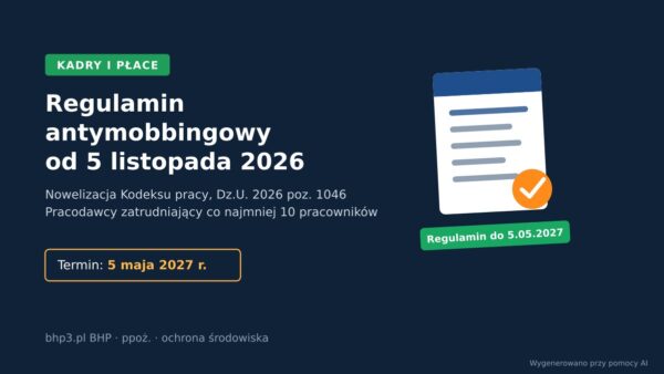 Grafika: Regulamin antymobbingowy od 5 listopada 2026, nowelizacja Kodeksu pracy Dz.U. 2026 poz. 1046, termin 5 maja 2027 r., ikona dokumentu z zielonym znacznikiem