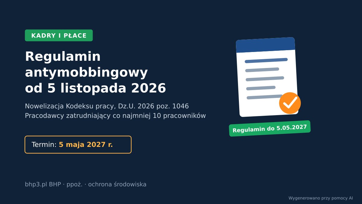 Regulamin antymobbingowy od 5 listopada 2026 – nowelizacja Kodeksu pracy, Dz.U. 2026 poz. 1046, termin 5 maja 2027 r.
