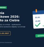 Grafika: kalendarz z terminami 31.01, 28.02, 15.03, 31.03 i znakiem bez błędów, napis Rozliczenia środowiskowe 2026: zrobimy to za Ciebie, BDO, KOBiZE, opłaty za emisje, opakowania, bhp3.pl