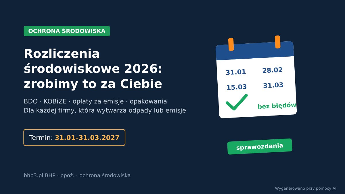 Grafika: kalendarz z terminami 31.01, 28.02, 15.03, 31.03 i znakiem bez błędów, napis Rozliczenia środowiskowe 2026: zrobimy to za Ciebie, BDO, KOBiZE, opłaty za emisje, opakowania, bhp3.pl