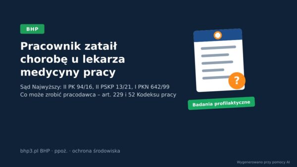 Grafika: Pracownik zataił chorobę u lekarza medycyny pracy, orzeczenia Sądu Najwyższego II PK 94/16, II PSKP 13/21, I PKN 642/99, ikona karty badań ze znakiem zapytania